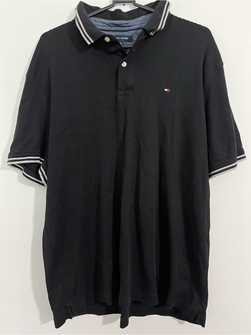 Tommy Hilfiger Black Polo with Contrast Striped Collar